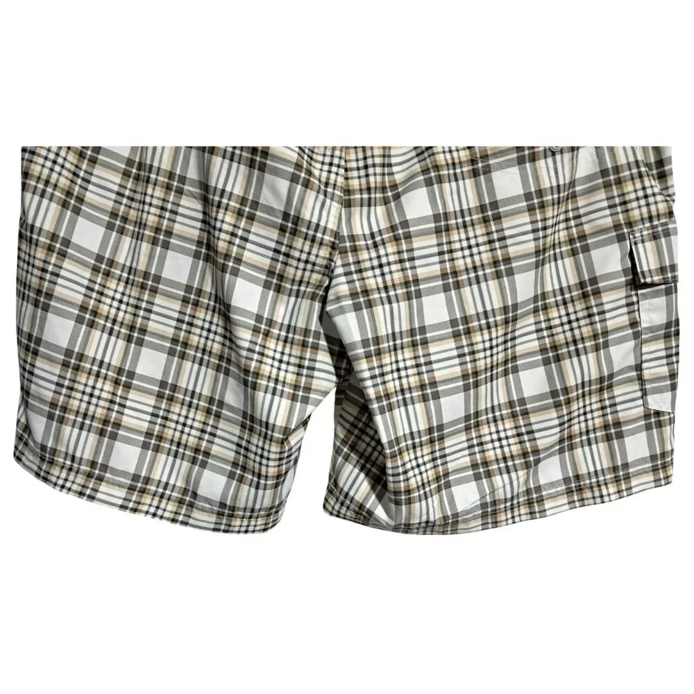 Chaps Plaid Swim Trunks Mens XL Beige White Polyester Mesh‎ Lined Drawstring